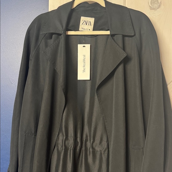 ZARA Black Soft Trench Coat with Pockets Size Large - Picture 5 of 6